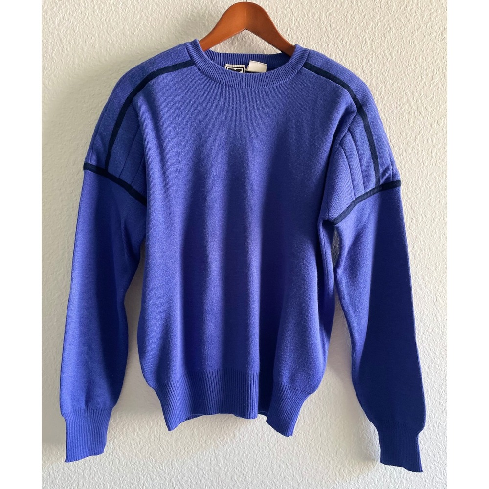 Vintage‎ Obermeyer Men's Doug Wool Blend Ski Sweater Blue Racing Stripe Large